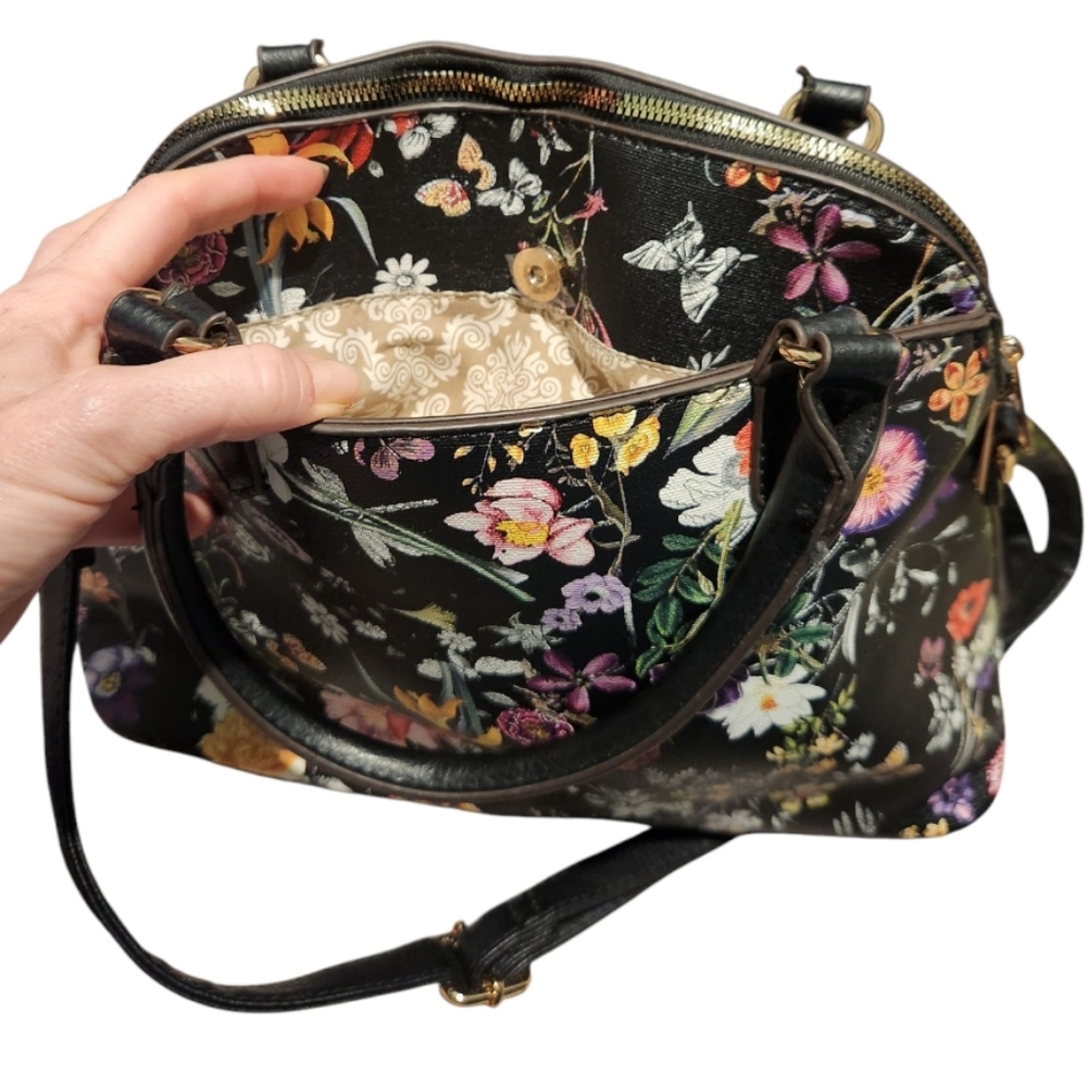Black Floral Satchel with Tassel Accents - Picture 3 of 5